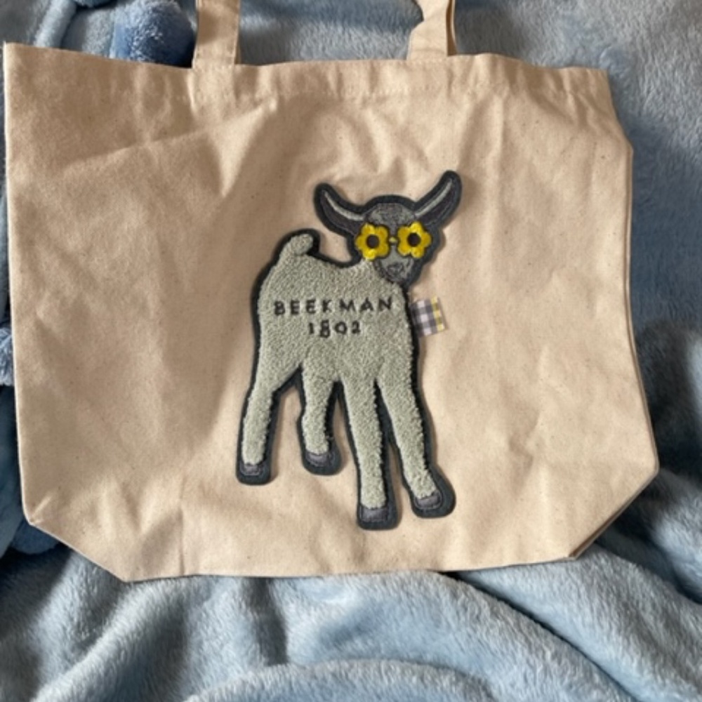 Beekman 1802 3D Canvas Tote, Pale blue lamb with yellow glasses, new w/o tags